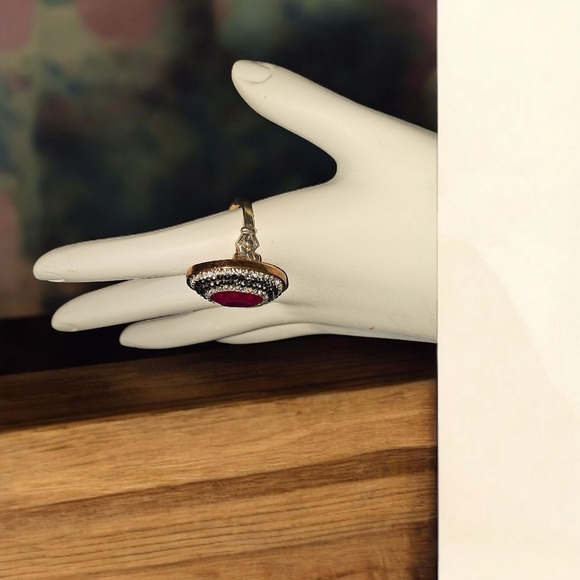 Red Gemstone and Sterling Silver Statement Ring with Double Halo. Size 8 - Picture 3 of 6